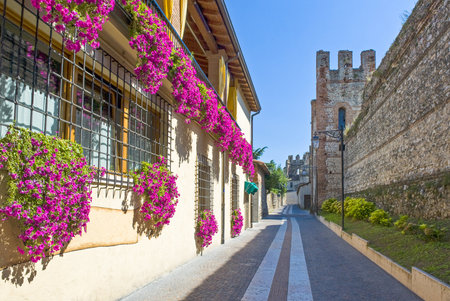 Lasize, Italy - August 11, 2008: Garda lake, traditional houses with flowers in front of the old catleのeditorial素材