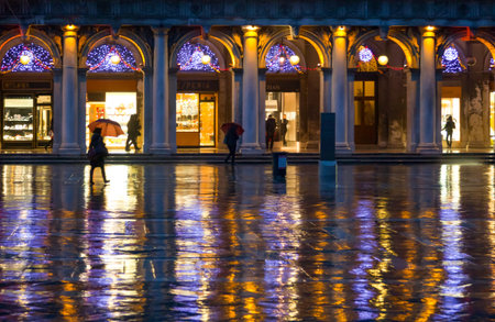 Venice, Itaky - February 5, 2010:  After sunset lights of a rainy day in Piazza San Marcoのeditorial素材