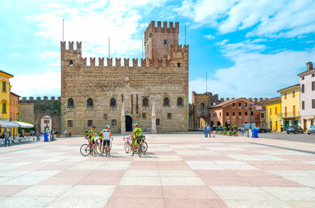 Marostica, Italy - May 26, 2017: The square where the traditional chess game is played with the Lower Castle in the backgroundのeditorial素材