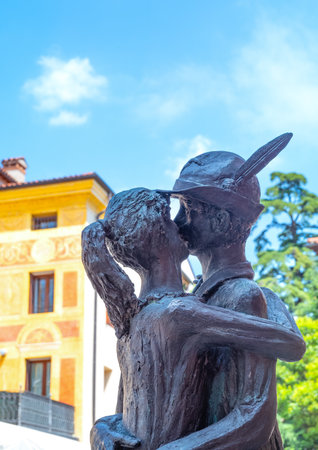 Bassano Del Grappa, Italy - May 26, 2017: The famous monument of a kiss between a local girl and a young soldier of the Alpini groupのeditorial素材