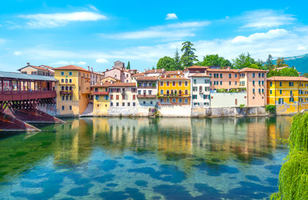 Bassano Del Grappa, Italy - May 26, 2017: View of the Ponte Vecchio (also known as Degli Alpini bridge) on the Brenta River, designed by Andrea Palladio in the XVI centuryのeditorial素材