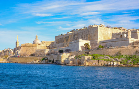 Valletta, Malta - February 5, 2017:  The  St Elmo fort seen from the seaのeditorial素材
