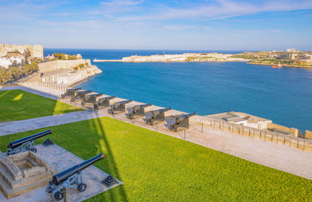 Valletta, Malta - February 5, 2017: The Saluting Battery of the upper Barakka garden with the Great Harbor bay in the backgroundのeditorial素材