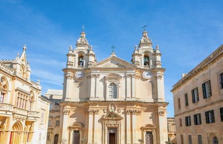 Malta, Mdina the facade of the St Paul cathedralの写真素材