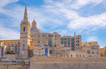 Malta, Valletta, the ancient architectures of the city seen from the seaの写真素材