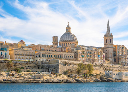 Malta, Valletta, the ancient architectures of the city seen from the seaの写真素材