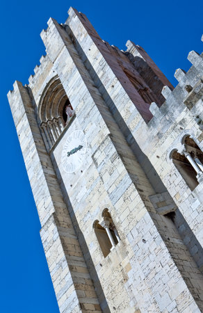 Lisbon, Portugal, upward view of the Cathedral facade