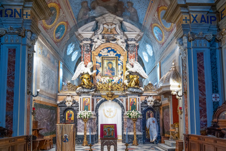 Grottaferrata, Italy - April 23,2017:  Paintings and decorations of the main altar  of the Greek Abbey of St. Niloのeditorial素材