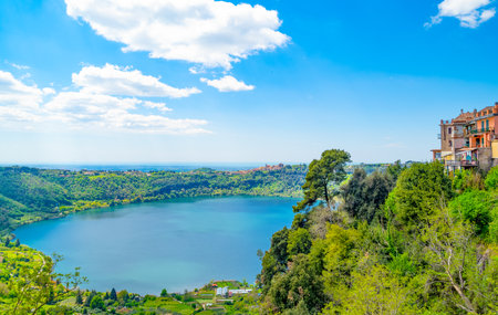 panoramic view of the lake seen from the village,Nemi, Italyの写真素材