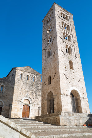 view of the facade and bell tower of the Cathedral, Anagni, Italyの写真素材