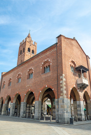 Monza, Italy, the ancient Arengario palace, former City Hall, with the Cathedral bell tower in the backgroundのeditorial素材