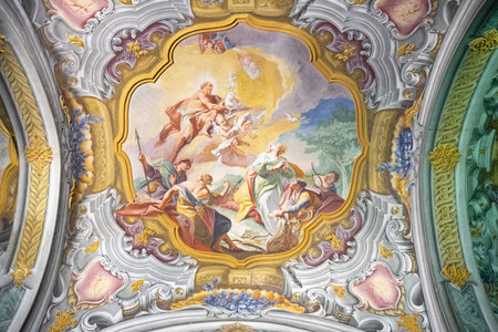 Monza, Italy - March 27, 2018: Detail of the extraordinary paintings and decorations of the ceiling of the Cathedralのeditorial素材