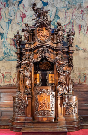 Bergamo, Italy - March 7, 2017: A wooden confessional in the transept   of the S- Maria Maggiore Basilicaのeditorial素材
