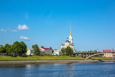 Rybinsk, Russia -  July 14, 2013: The architectures of the village seen from the Volga riverのeditorial素材