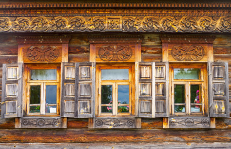 Russia, Suzdal, the windows of an old wooden house of the village
