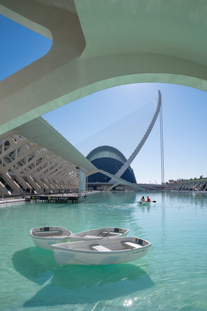 Valencia, Spain - Octuber 15, 2016: The City of Arts and Sciences by the architect Calatrava: The Agora palace and the Assud bridge seen from the Des Artes palaceのeditorial素材