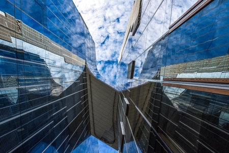 Barcelona, Spain - September 30, 20012:  Upward view of the modern architectures of Gas Natural buildingのeditorial素材