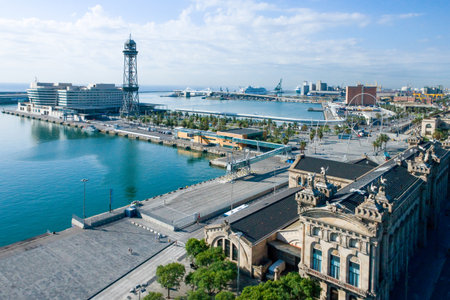 Spain, Barcelona, panoramic view of the commercial harbourのeditorial素材