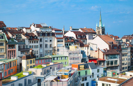 Lausanne, Switzerland - August 13, 2015:  View of the city from the cathedral hillのeditorial素材