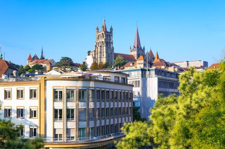Lausanne, Switzerland, view of the city center with the cathedral towersのeditorial素材