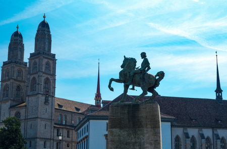 Zurich, Switzerland, the Waldmann statue with the Grossmunster church in the background