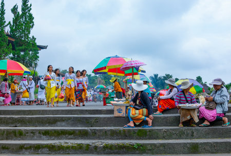Bali, Indonesia - March 23, 2017:  Stalls and street vendors at the entrance of the Pura Besakih templeのeditorial素材