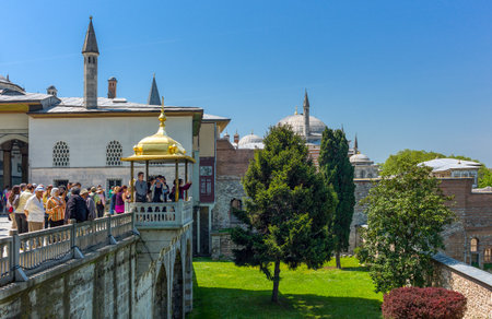 Istambul , Turkey - Mai 1, 2013:  Topkapi Palace,  fourth courtyard, visitors on the upper terrace...