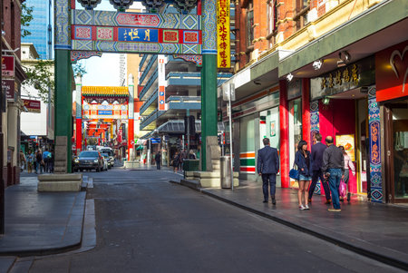 Melbourne, Australia - October 9, 2014: China Town, colorful stores and people in Bourke Stのeditorial素材