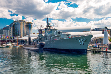 Sydney, Australia - October 16, 2014: , War ships in front of the Maritime Museum in Darlin Harbourのeditorial素材