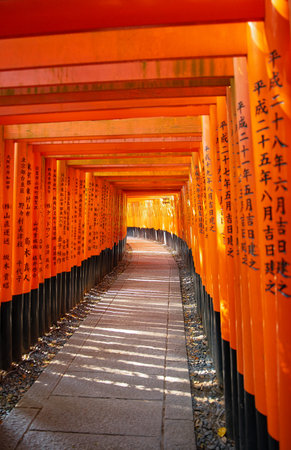 Kyoto, Japan - April 20, 2018: The One Thousand Torii Gates path  of the Fushimi Inari Taisha templeのeditorial素材