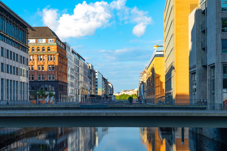 Hamburg, Germany - July 23, 2017: The palaces of the city center on the Alster canal