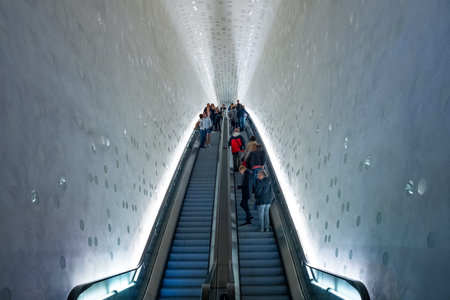 Hamburg, Germany - July 25, 2017: People on the escalator of the Elbphilharmonie Palace