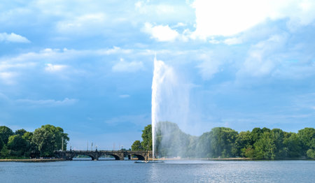 Germany, Hamburg, the Binnen-Alster lake with the Lombard Bridge in the backgroundの写真素材
