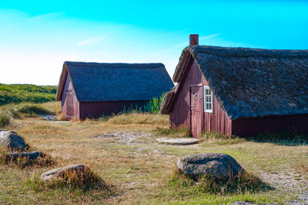 Denmark, Jutland peninsula, Nymingab district, ancient fishermen houses in the outflow of the Ringkobing fjordの写真素材