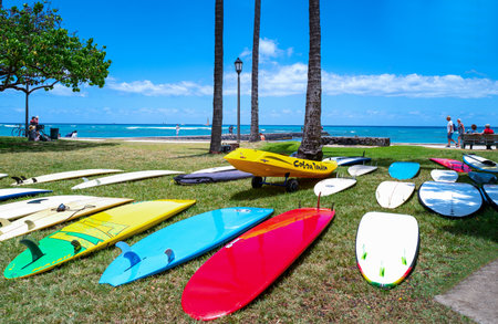 Honolulu, Hawaii - May 5,  2019: Waikiki area, surfboards on the beach