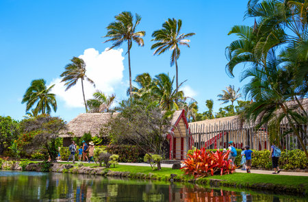 Ohahu island, Hawaii - Aptil 30, 2019: Tourists walking between  the irrepressible nature of the...