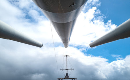 Honolulu, Awaii - May 3, 2019: Pearl Harbor, below view of the sixteen guns of the Missoury Battleshipのeditorial素材
