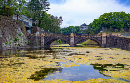 Tokyo, Japan , the pond and the bridge of the park with the Imperial Palace in the backgroundのeditorial素材