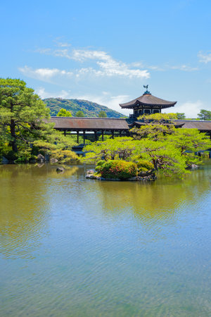Japan, Kyoto, a wooden bridge over the pond of the Heian Sanctuaryのeditorial素材