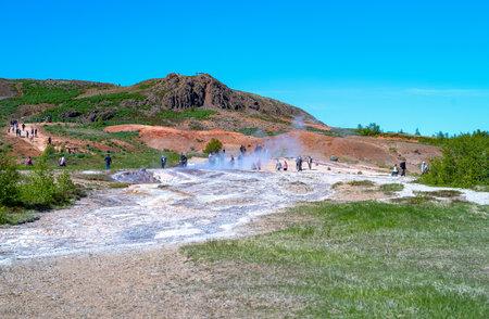 Geysir, Iceland - May 30 2019:  Golden Ring area, visitors in the Geysir geothermal siteのeditorial素材