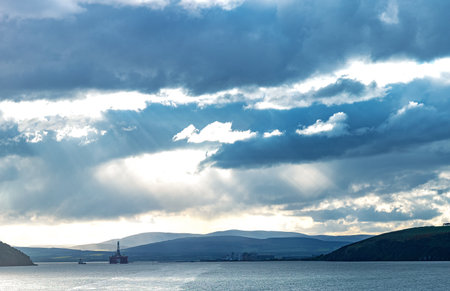 Dornoch,, Scotland - May 28, 2019: View of oil rigs in the Dornoch bay