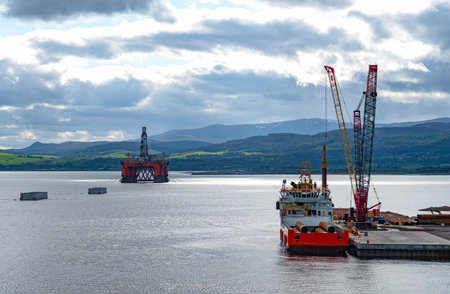 Dornoch,, Scotland - May 28, 2019: View of oil rigs in the Dornoch bayのeditorial素材