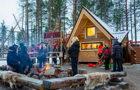 Rovaniemi, Finland - November 29, 2018: An open air relaxing point in the Santa Claus Village and Parkのeditorial素材