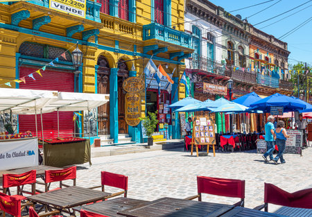 Buenos Aires, Argentina - January 19, 2018: La Boca district, a traditional stores and restaurant in Caminito streetのeditorial素材