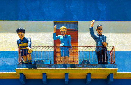 Buenos Aires, Argentina - January 19, 2018: La Boca district,  greeting mannequins on a balcony of Caminito streetのeditorial素材
