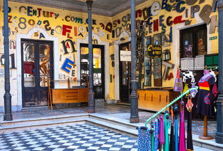 Buenos Aires, Argentina - January 21, 2018:  A courtyard in the San Telmo Fair area with traditional old things storesのeditorial素材