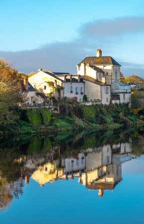 France, Loire Valley, Chinon,  houses on the Vienne riverの写真素材