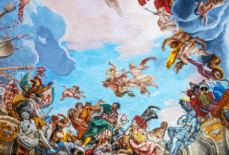 Rome, Italy - August 19, 2017: Colonna Palace, the Great Hall ceiling of the Colonna Gallery