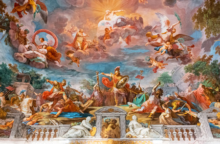 Rome, Italy - July 19, 2018: Villa Borghese, Borghese art gallery, Entrance  hall, the paintings of...