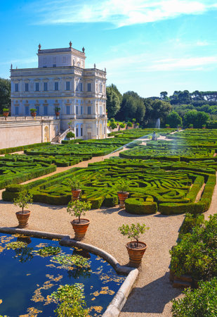 Italy, Rome, Villa Doria Pamphili, the Casino Del Bel Respiro palace with the Secret Garden in the foregroundのeditorial素材